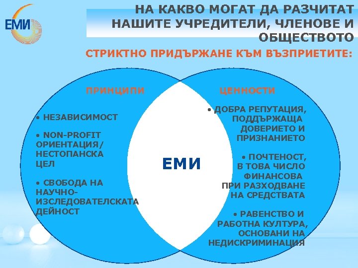 НА КАКВО МОГАТ ДА РАЗЧИТАТ НАШИТЕ УЧРЕДИТЕЛИ, ЧЛЕНОВЕ И ОБЩЕСТВОТО СТРИКТНО ПРИДЪРЖАНЕ КЪМ ВЪЗПРИЕТИТЕ: