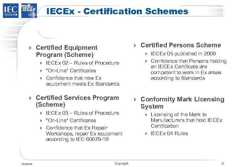 IECEx - Certification Schemes 4 Certified Persons Scheme 4 Certified Equipment 4 IECEx 05