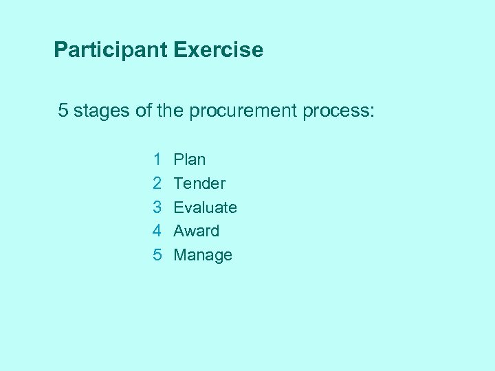 Participant Exercise 5 stages of the procurement process: 1 2 3 4 5 Plan