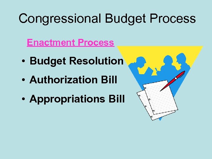Congressional Budget Process Enactment Process • Budget Resolution • Authorization Bill • Appropriations Bill