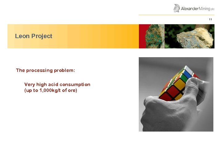 AGM Presentation June 2008 Leon Project The processing problem: Very high acid consumption (up