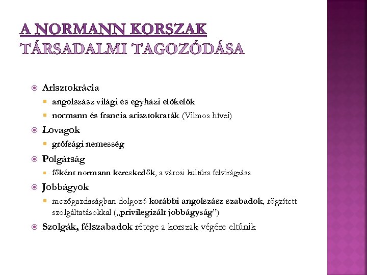 A NORMANN KORSZAK TÁRSADALMI TAGOZÓDÁSA Arisztokrácia angolszász világi és egyházi elők normann és francia