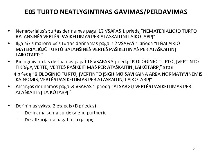 E 05 TURTO NEATLYGINTINAS GAVIMAS/PERDAVIMAS Nematerialusis turtas derinamas pagal 13 VSAFAS 1 priedą “NEMATERIALIOJO