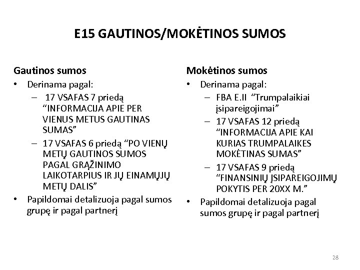 E 15 GAUTINOS/MOKĖTINOS SUMOS Gautinos sumos Mokėtinos sumos • Derinama pagal: – 17 VSAFAS