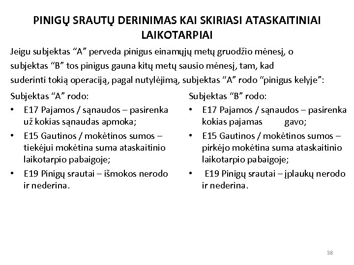PINIGŲ SRAUTŲ DERINIMAS KAI SKIRIASI ATASKAITINIAI LAIKOTARPIAI Jeigu subjektas “A” perveda pinigus einamųjų metų