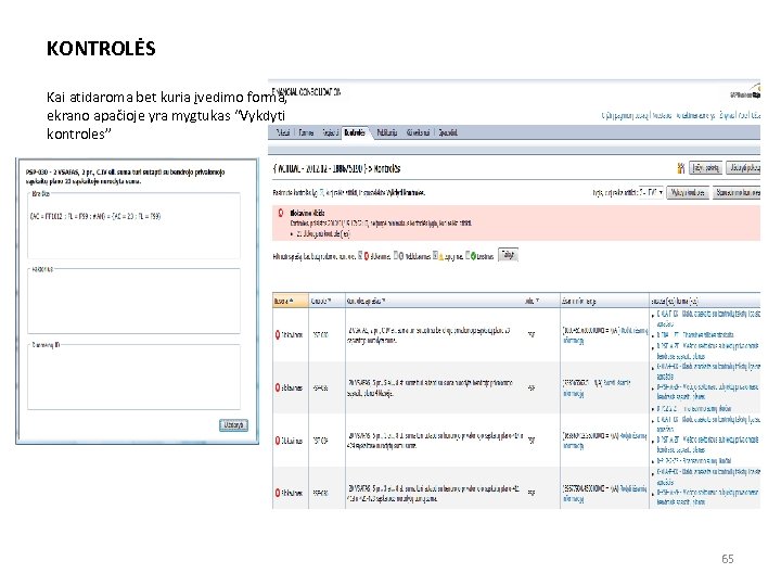 KONTROLĖS Kai atidaroma bet kuria įvedimo forma, ekrano apačioje yra mygtukas “Vykdyti kontroles” 65