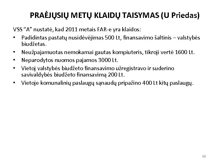 PRAĖJŲSIŲ METŲ KLAIDŲ TAISYMAS (U Priedas) VSS “A” nustatė, kad 2011 metais FAR-e yra