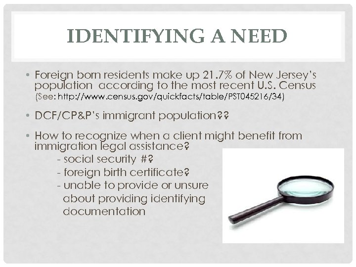 IDENTIFYING A NEED • Foreign born residents make up 21. 7% of New Jersey’s