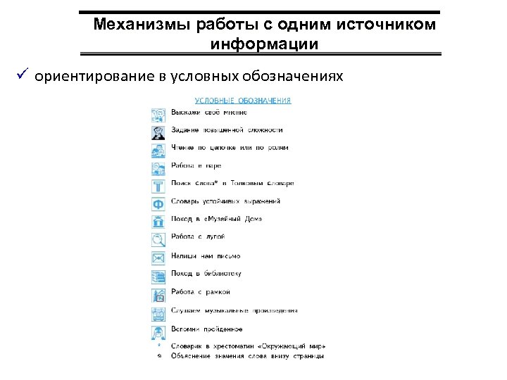 Механизмы работы с одним источником информации ü ориентирование в условных обозначениях 