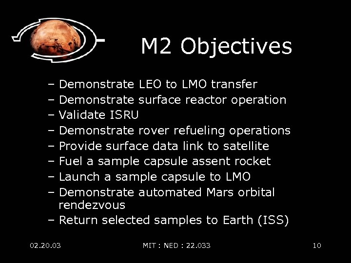 M 2 Objectives – Demonstrate LEO to LMO transfer – Demonstrate surface reactor operation