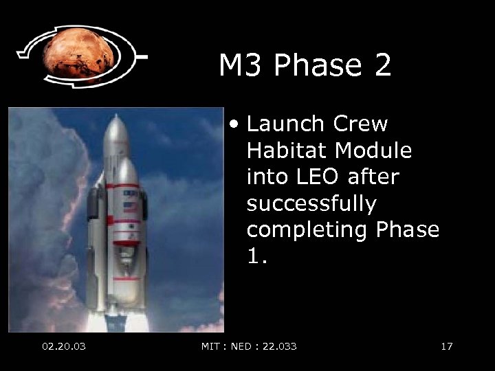 M 3 Phase 2 • Launch Crew Habitat Module into LEO after successfully completing