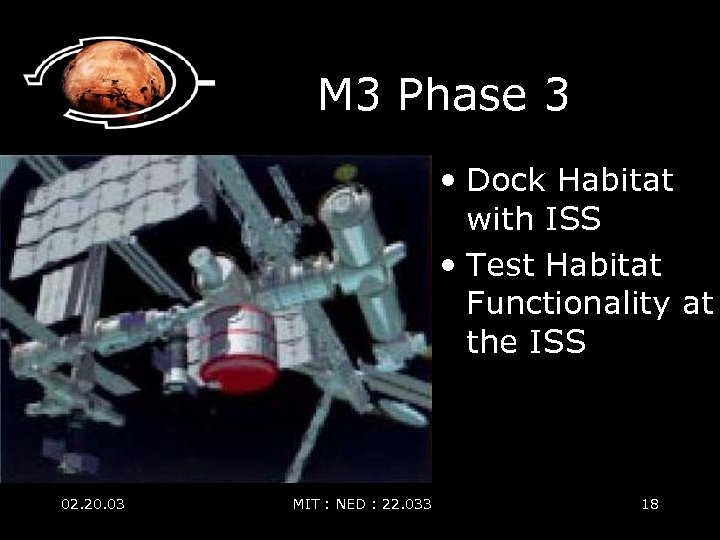 M 3 Phase 3 • Dock Habitat with ISS • Test Habitat Functionality at