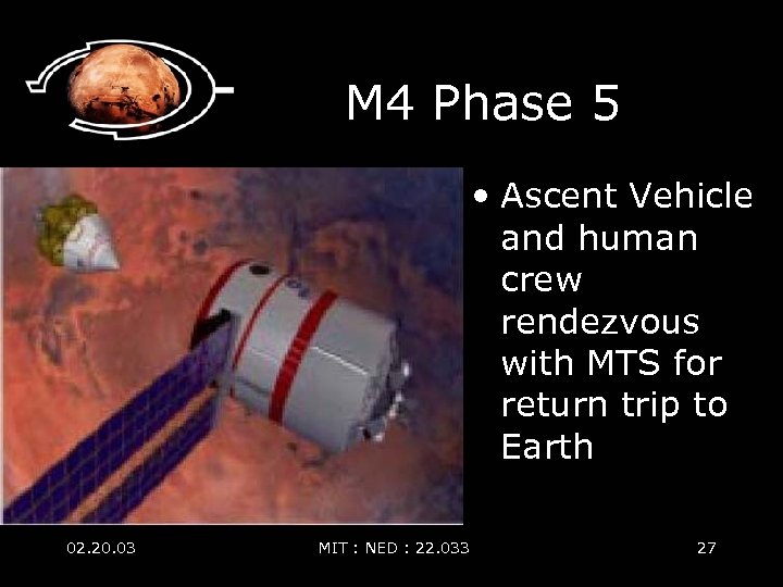 M 4 Phase 5 • Ascent Vehicle and human crew rendezvous with MTS for