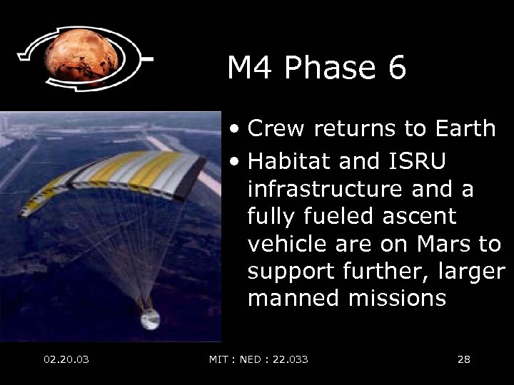M 4 Phase 6 • Crew returns to Earth • Habitat and ISRU infrastructure
