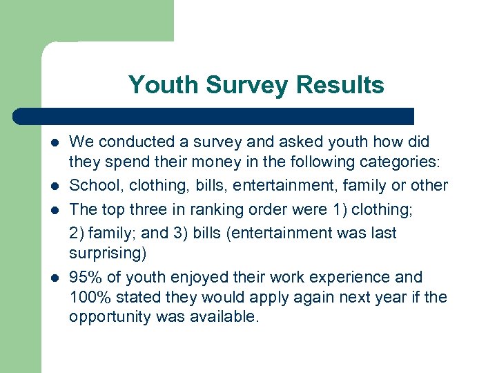 Youth Survey Results l l We conducted a survey and asked youth how did