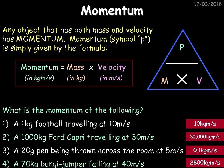 17/03/2018 Momentum Any object that has both mass and velocity has MOMENTUM. Momentum (symbol