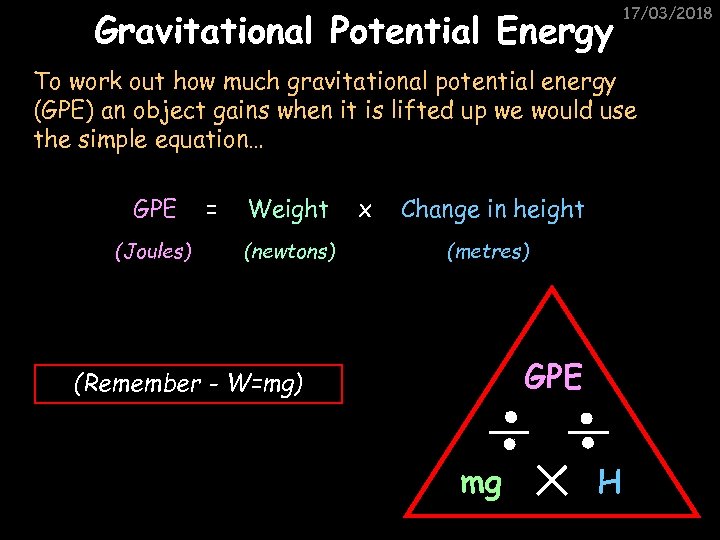 Gravitational Potential Energy 17/03/2018 To work out how much gravitational potential energy (GPE) an