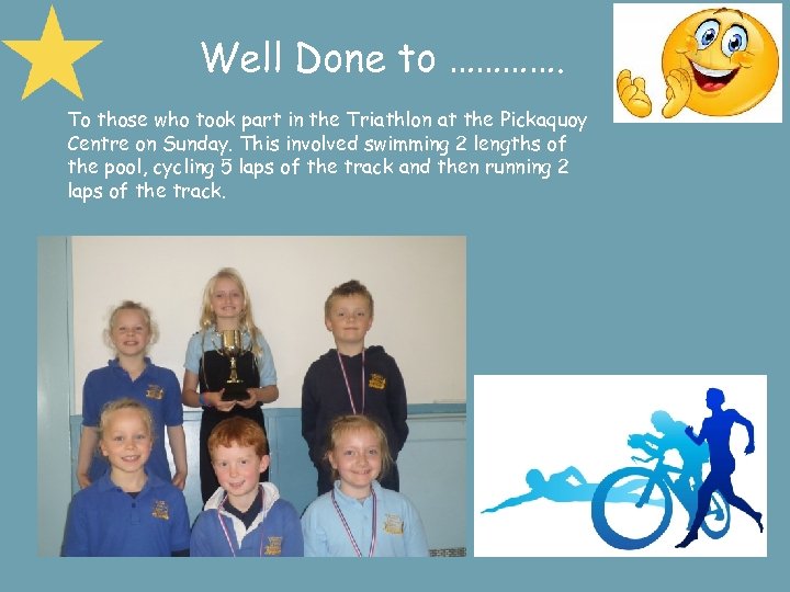 Well Done to …………. To those who took part in the Triathlon at the