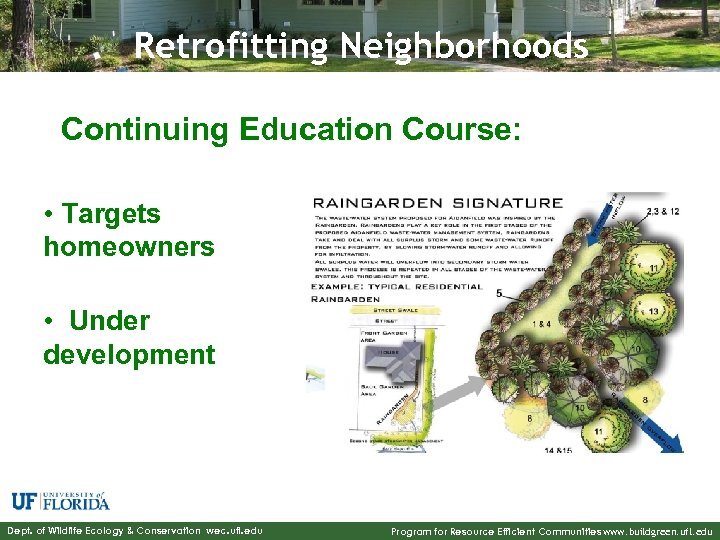 Retrofitting Neighborhoods Continuing Education Course: • Targets homeowners • Under development Dept. of Wildlife