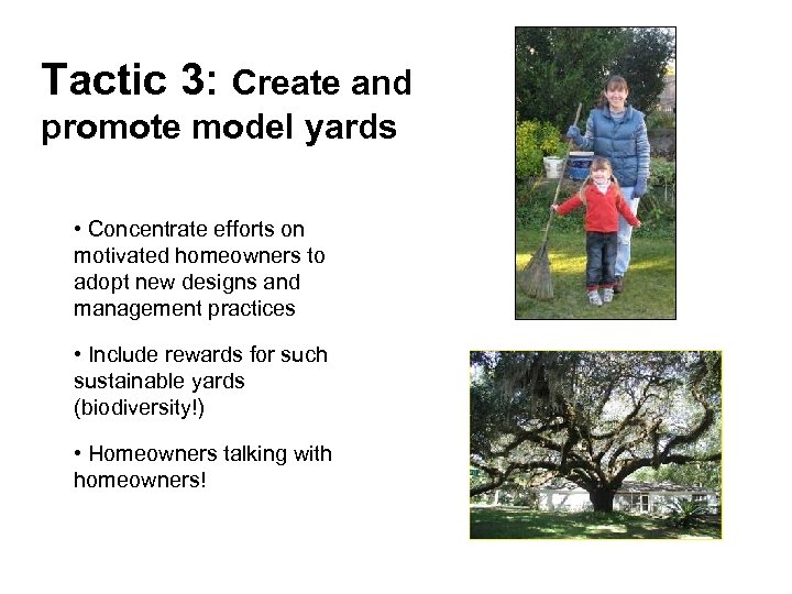 Tactic 3: Create and promote model yards • Concentrate efforts on motivated homeowners to