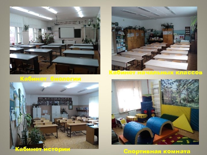 Кабинет биологии Кабинет истории Кабинет начальных классов Спортивная комната 