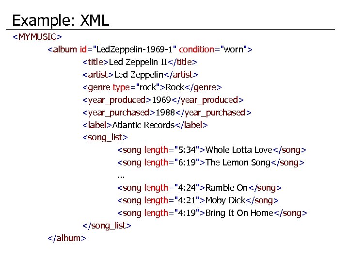 Example: XML <MYMUSIC> <album id="Led. Zeppelin-1969 -1" condition="worn"> <title>Led Zeppelin II</title> <artist>Led Zeppelin</artist> <genre