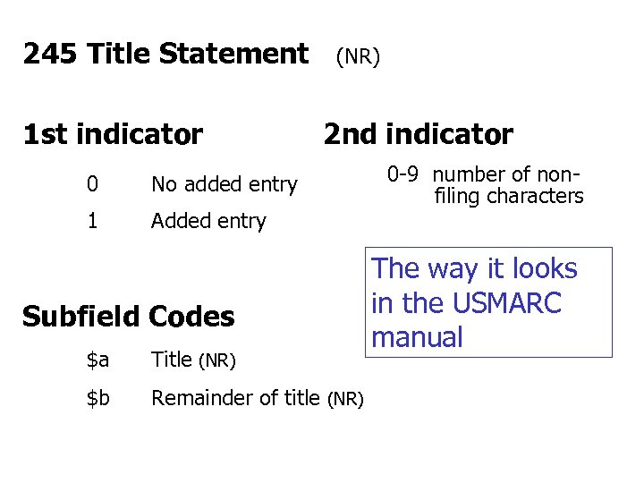 245 Title Statement 1 st indicator 0 2 nd indicator No added entry 1