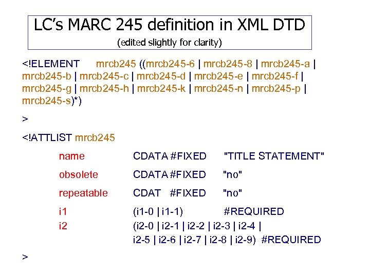 LC’s MARC 245 definition in XML DTD (edited slightly for clarity) <!ELEMENT mrcb 245