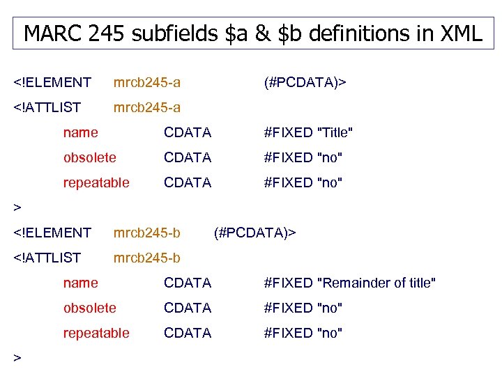 MARC 245 subfields $a & $b definitions in XML <!ELEMENT mrcb 245 -a <!ATTLIST