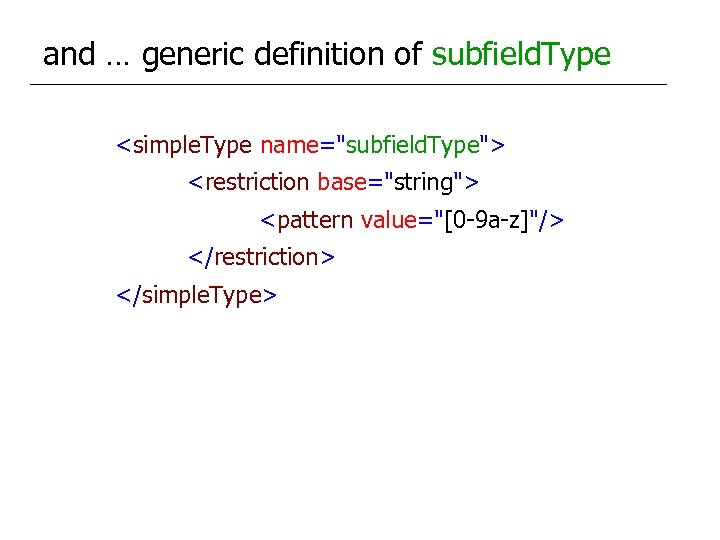 and … generic definition of subfield. Type <simple. Type name="subfield. Type"> <restriction base="string"> <pattern
