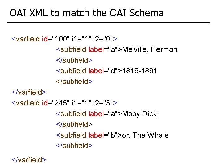 OAI XML to match the OAI Schema <varfield id="100" i 1="1" i 2="0"> <subfield