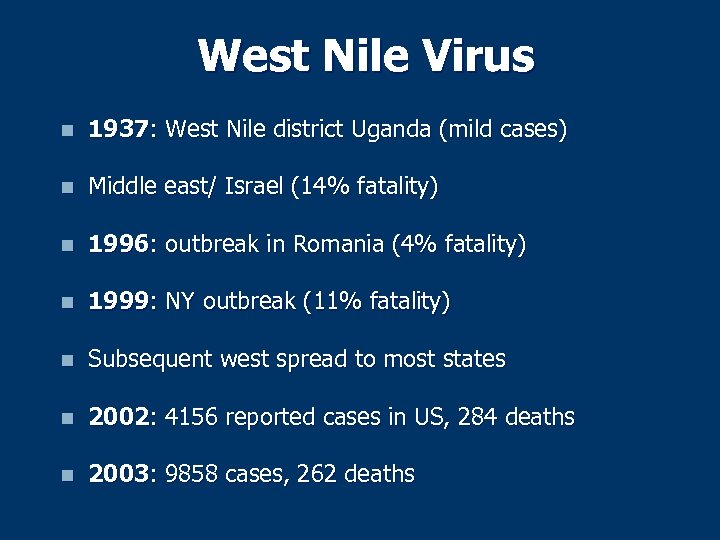 West Nile Virus n 1937: West Nile district Uganda (mild cases) n Middle east/