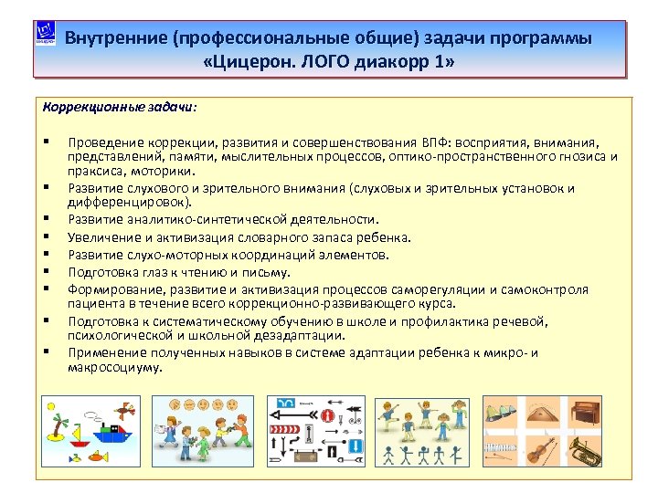 Внутренние (профессиональные общие) задачи программы «Цицерон. ЛОГО диакорр 1» Коррекционные задачи: § § §