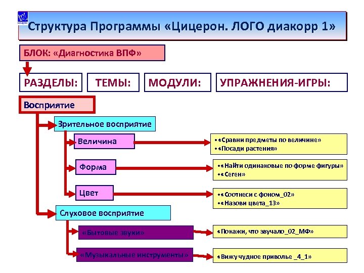 Структура Программы «Цицерон. ЛОГО диакорр 1» БЛОК: «Диагностика ВПФ» РАЗДЕЛЫ: ТЕМЫ: МОДУЛИ: УПРАЖНЕНИЯ-ИГРЫ: Восприятие