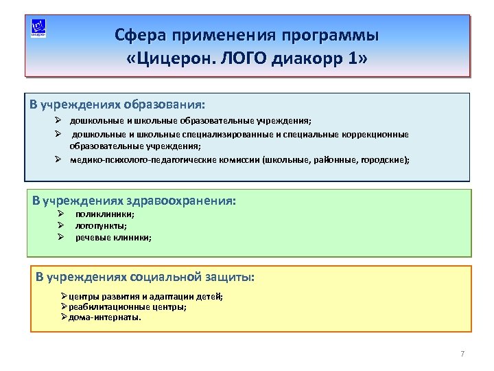 Сфера применения программы «Цицерон. ЛОГО диакорр 1» В учреждениях образования: Ø дошкольные и школьные