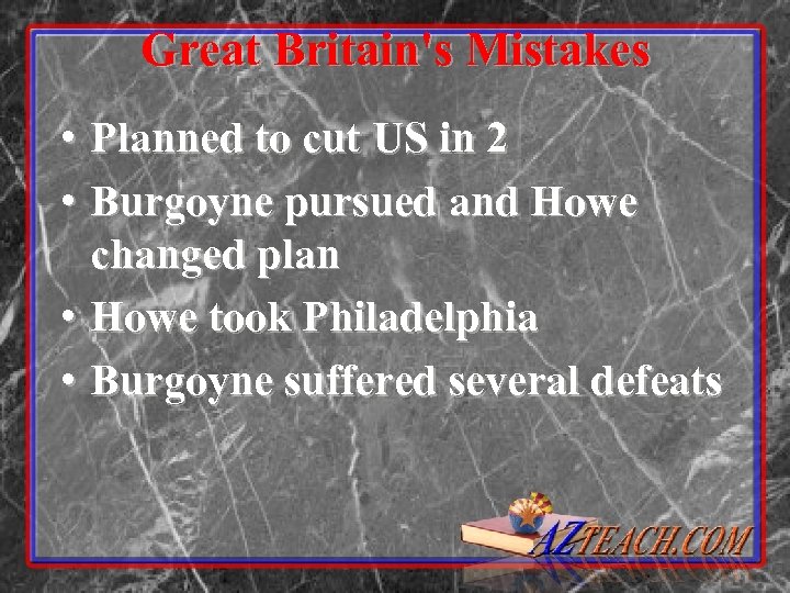 Great Britain's Mistakes • Planned to cut US in 2 • Burgoyne pursued and