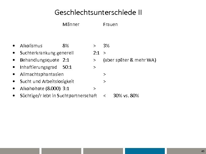 Geschlechtsunterschiede II Männer • • Alkolismus 8% > Suchterkrankung generell 2: 1 Behandlungsquote 2: