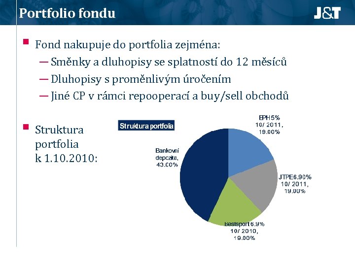 Portfolio fondu § Fond nakupuje do portfolia zejména: ─ Směnky a dluhopisy se splatností