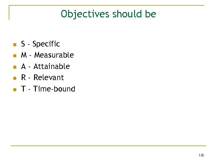 Objectives should be n n n S - Specific M - Measurable A -