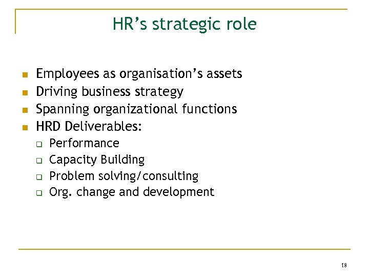 HR’s strategic role n n Employees as organisation’s assets Driving business strategy Spanning organizational