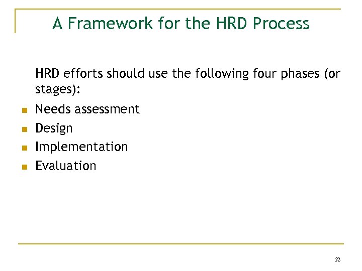 A Framework for the HRD Process HRD efforts should use the following four phases