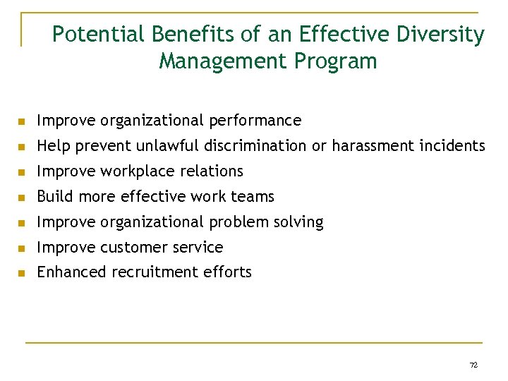 Potential Benefits of an Effective Diversity Management Program n Improve organizational performance n Help