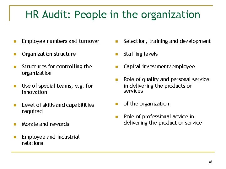 HR Audit: People in the organization n Employee numbers and turnover n Selection, training