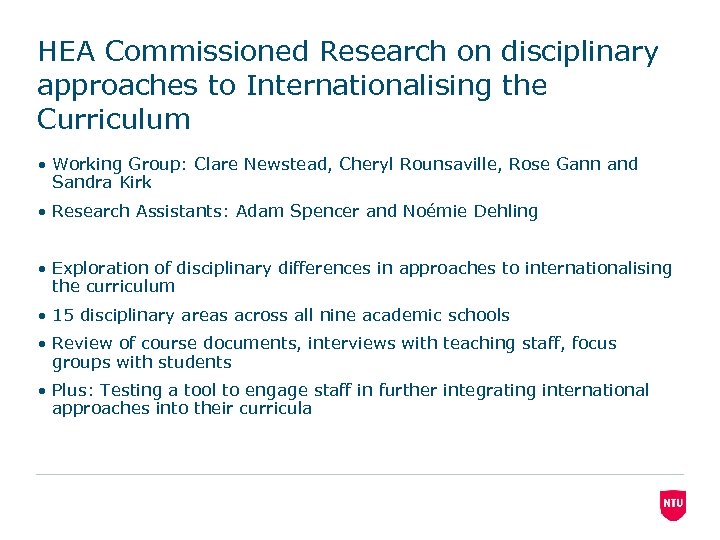HEA Commissioned Research on disciplinary approaches to Internationalising the Curriculum • Working Group: Clare