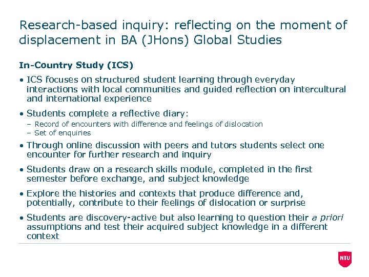 Research-based inquiry: reflecting on the moment of displacement in BA (JHons) Global Studies In-Country
