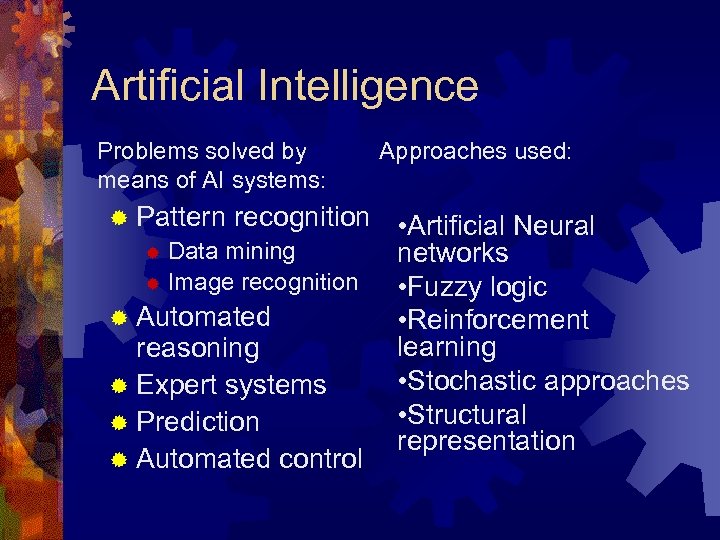 Artificial Intelligence Problems solved by means of AI systems: ® Pattern recognition ® Data