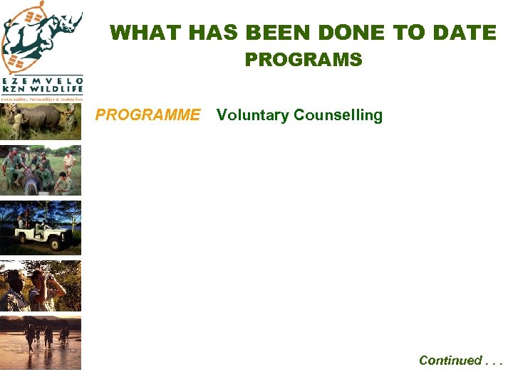 WHAT HAS BEEN DONE TO DATE PROGRAMS PROGRAMME Voluntary Counselling Continued. . . 