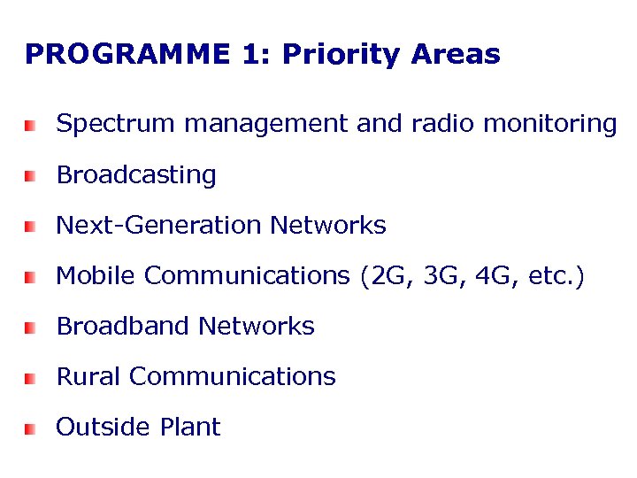 PROGRAMME 1: Priority Areas Spectrum management and radio monitoring Broadcasting Next-Generation Networks Mobile Communications