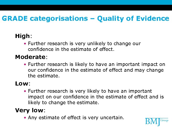 GRADE categorisations – Quality of Evidence High: • Further research is very unlikely to