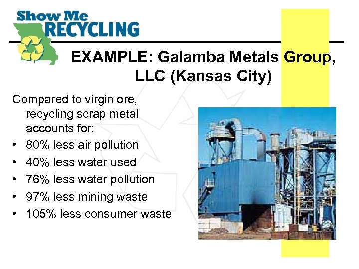 EXAMPLE: Galamba Metals Group, LLC (Kansas City) Compared to virgin ore, recycling scrap metal